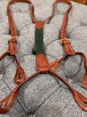Polo by Ralph Lauren Brown Braided Leather Suspenders with Green Elastic Y-Back